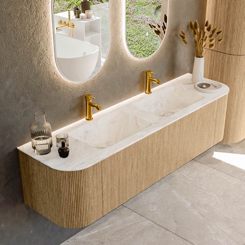 KURVE-DLUX 170cm badmeubel ronding Links + Rechts kleur Oak met 1 lade en 2 deuren. Wastafel LEAF Dubbel 2 kraangaten Frappe.