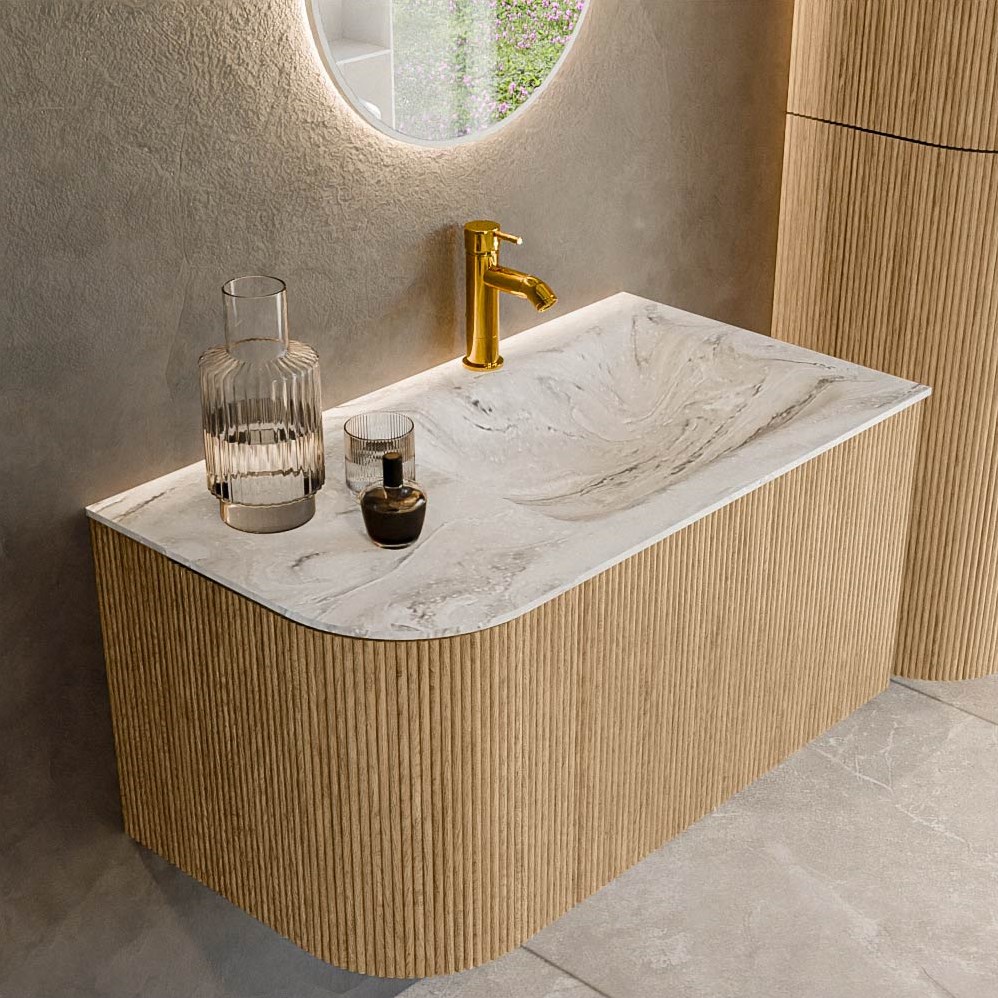 KURVE-DLUX 85cm badmeubel ronding Links kleur Oak met 1 lade en 1 deur.  Wastafel CLOUD Rechts 1 kraangat Glace.