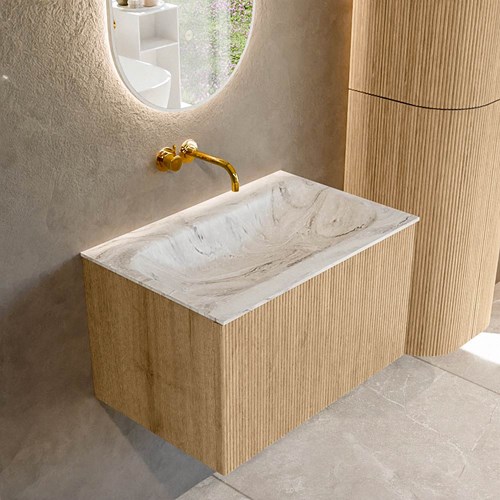 KURVE-DLUX 70cm badmeubel kleur Oak met 1 lade en 0 deuren. Wastafel BIG SMALL Midden zonder kraangat Glace.