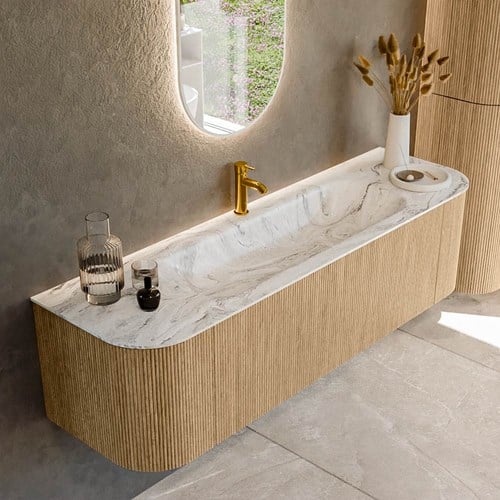 KURVE-DLUX 160cm badmeubel ronding Links + Rechts kleur Oak met 1 lade en 2 deuren. Wastafel BIG MEDIUM Midden 1 kraangat Glace.