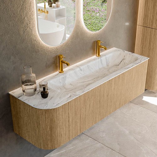 KURVE-DLUX 145cm badmeubel ronding Links kleur Oak met 1 lade en 1 deur. Wastafel BIG LARGE Rechts 2 kraangaten Glace.