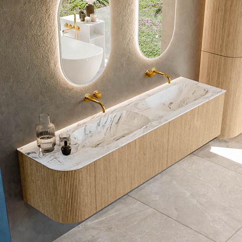 KURVE-DLUX 175cm badmeubel ronding Links kleur Oak met 2 lades en 1 deur. Wastafel STOR SMALL Dubbel / Rechts zonder kraangat Glace.