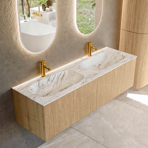 KURVE-DLUX 150cm badmeubel kleur Oak met 2 lades en 0 deuren. Wastafel STOR SMALL Dubbel 2 kraangaten Glace.