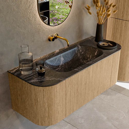 KURVE-DLUX 120cm badmeubel ronding Links + Rechts kleur Oak met 1 lade en 2 deuren. Wastafel BIG SMALL Midden zonder kraangat Lava.