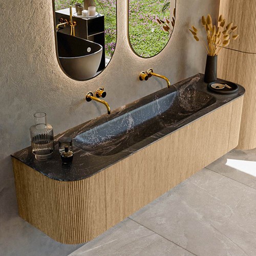 KURVE-DLUX 170cm badmeubel ronding Links + Rechts kleur Oak met 1 lade en 2 deuren. Wastafel BIG LARGE Midden zonder kraangat Lava.