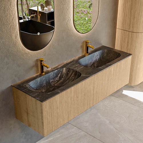 KURVE-DLUX 150cm badmeubel kleur Oak met 2 lades en 0 deuren. Wastafel STOR SMALL Dubbel 2 kraangaten Lava.