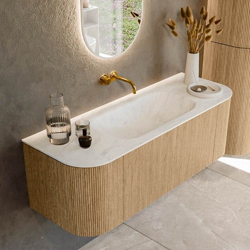 KURVE-DLUX 130cm badmeubel ronding Links + Rechts kleur Oak met 1 lade en 2 deuren. Wastafel BIG SMALL Midden zonder kraangat Opalo.
