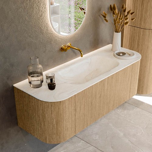 KURVE-DLUX 130cm badmeubel ronding Links + Rechts kleur Oak met 1 lade en 2 deuren. Wastafel BIG SMALL Midden zonder kraangat Ostra.