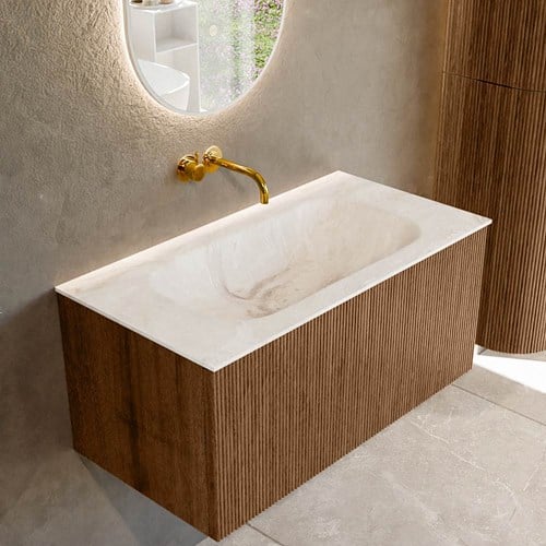 KURVE-DLUX 90cm badmeubel kleur Walnut met 1 lade en 0 deuren. Wastafel BIG SMALL Midden zonder kraangat Frappe.