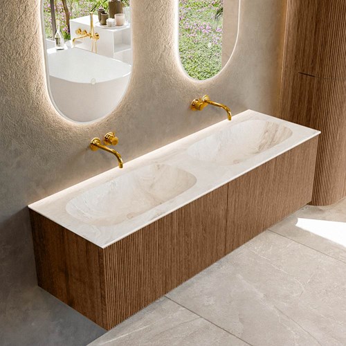 KURVE-DLUX 150cm badmeubel kleur Walnut met 2 lades en 0 deuren. Wastafel STOR SMALL Dubbel zonder kraangat Frappe.
