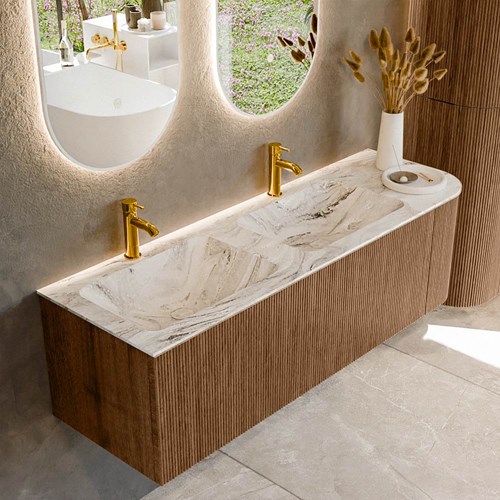 KURVE-DLUX 145cm badmeubel ronding Rechts kleur Walnut met 1 lade en 1 deur. Wastafel LEAF Dubbel / Links 2 kraangaten Glace.