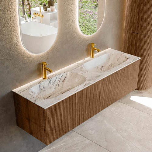 KURVE-DLUX 150cm badmeubel kleur Walnut met 2 lades en 0 deuren. Wastafel STOR SMALL Dubbel 2 kraangaten Glace.