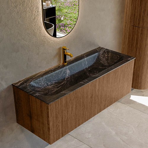 KURVE-DLUX 120cm badmeubel kleur Walnut met 1 lade en 0 deuren. Wastafel BIG LARGE Midden 1 kraangat Lava.