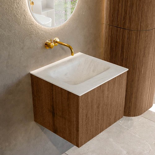KURVE-DLUX 50cm badmeubel kleur Walnut met 1 lade en 0 deuren. Wastafel GRUNNE Midden zonder kraangat Opalo.