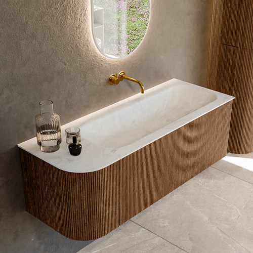 KURVE-DLUX 125cm badmeubel ronding Links kleur Walnut met 1 lade en 1 deur. Wastafel BIG MEDIUM Rechts zonder kraangat Opalo.