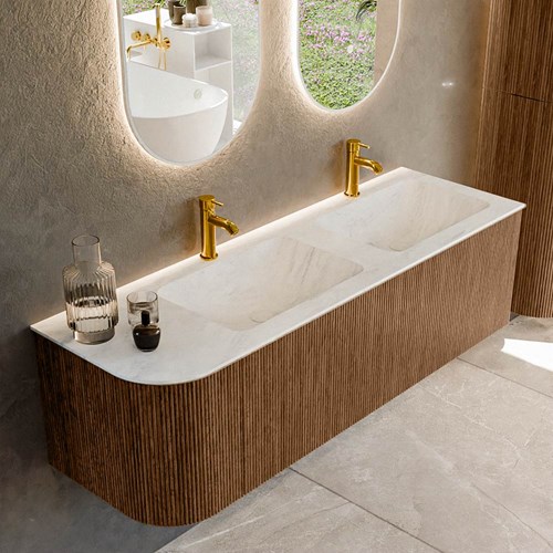 KURVE-DLUX 145cm badmeubel ronding Links kleur Walnut met 1 lade en 1 deur. Wastafel LEAF Dubbel / Rechts 2 kraangaten Opalo.