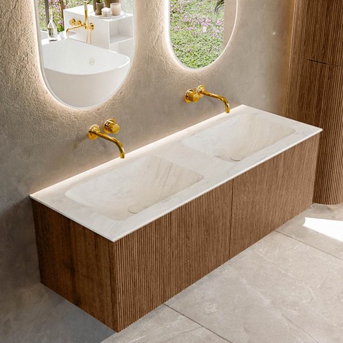 KURVE-DLUX 130cm badmeubel kleur Walnut met 2 lades en 0 deuren. Wastafel LEAF Dubbel zonder kraangat Opalo.