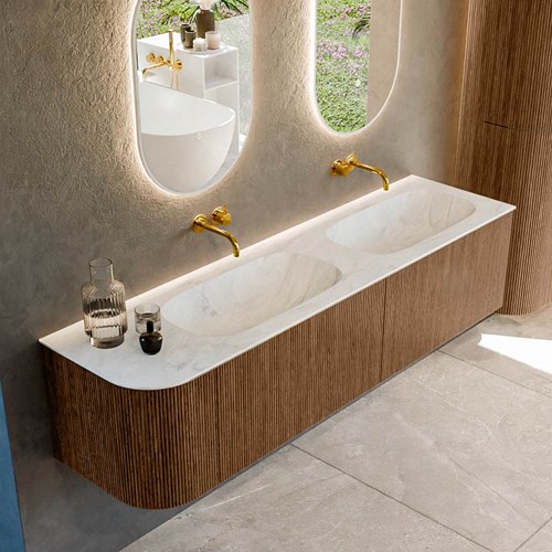 KURVE-DLUX 175cm badmeubel ronding Links kleur Walnut met 2 lades en 1 deur. Wastafel STOR SMALL Dubbel / Rechts zonder kraangat Opalo.