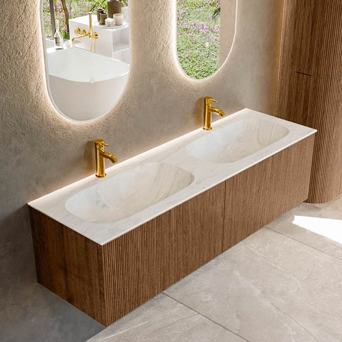 KURVE-DLUX 150cm badmeubel kleur Walnut met 2 lades en 0 deuren. Wastafel STOR SMALL Dubbel 2 kraangaten Opalo.