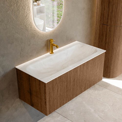 KURVE-DLUX 100cm badmeubel kleur Walnut met 1 lade en 0 deuren. Wastafel BIG MEDIUM Midden 1 kraangat Ostra.