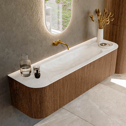 KURVE-DLUX 160cm badmeubel ronding Links + Rechts kleur Walnut met 1 lade en 2 deuren. Wastafel BIG MEDIUM Midden zonder kraangat Ostra.