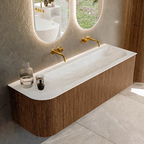 KURVE-DLUX 145cm badmeubel ronding Links kleur Walnut met 1 lade en 1 deur. Wastafel BIG LARGE Rechts zonder kraangat Ostra.