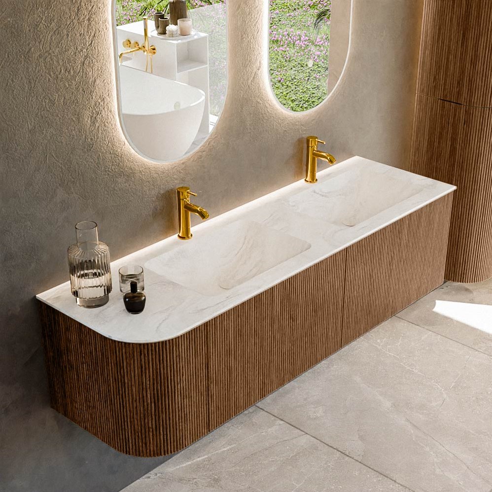 KURVE DLUX 155cm Mueble De Ba o Curva Izquierda Color Walnut Con 2 kurve-dlux-155cm-mueble-de-ba-o-curva-izquierda-color-walnut-con-2