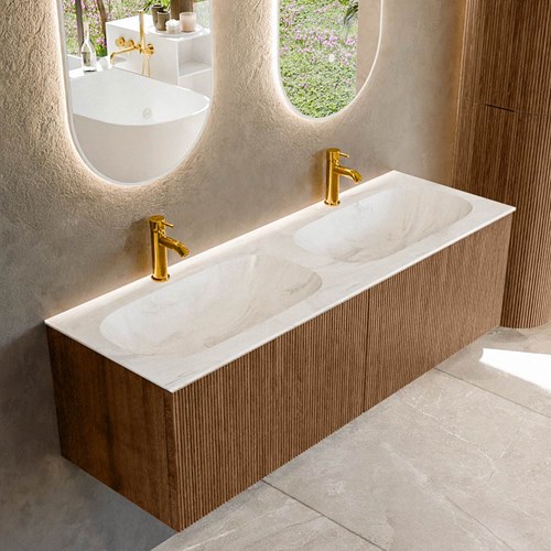 KURVE-DLUX 140cm badmeubel kleur Walnut met 2 lades en 0 deuren. Wastafel STOR SMALL Dubbel 2 kraangaten Ostra.