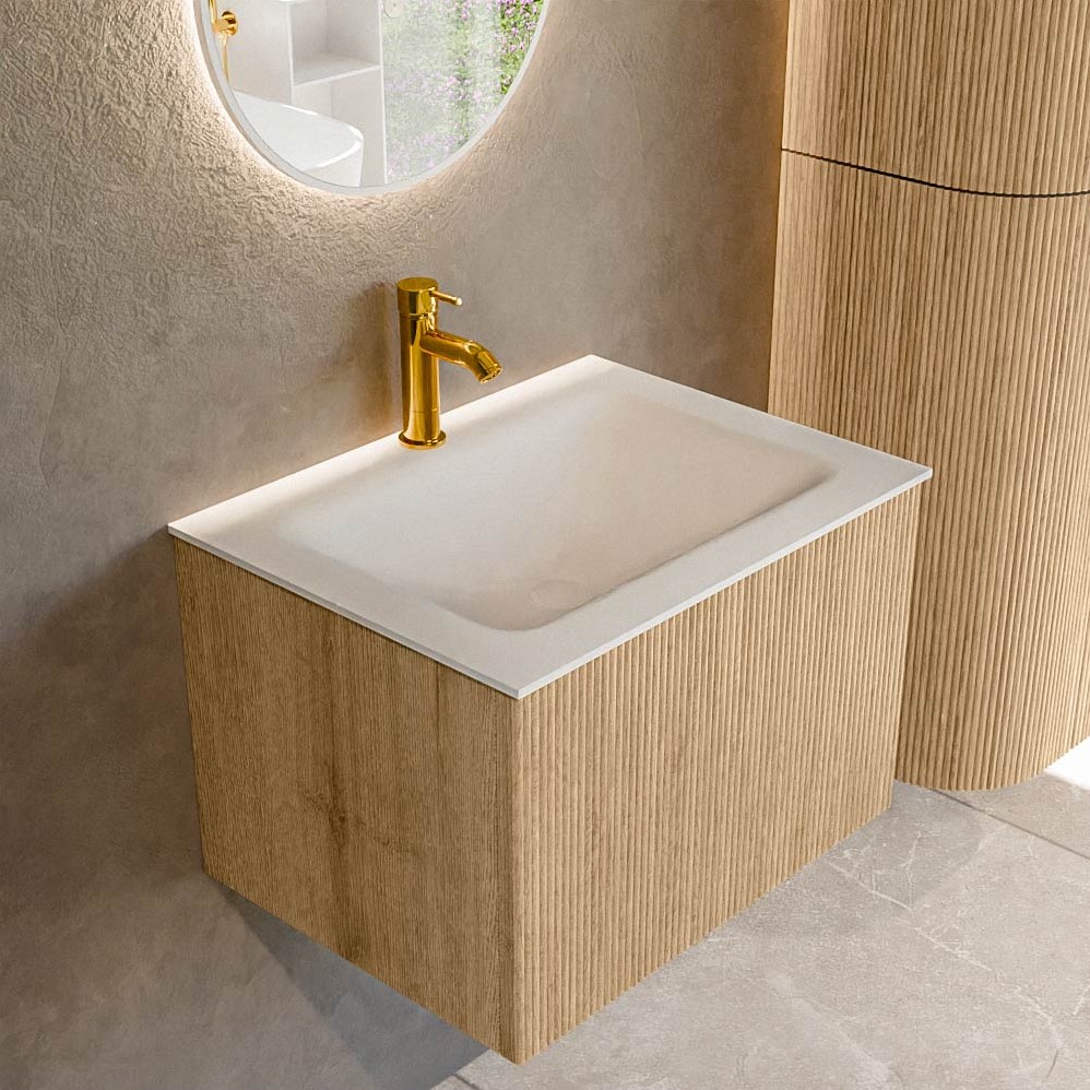 KURVE 60cm badmeubelkleur Oak met 1 lade en 0 deuren. Wastafel CLOUD Midden  1 kraangat Talc.