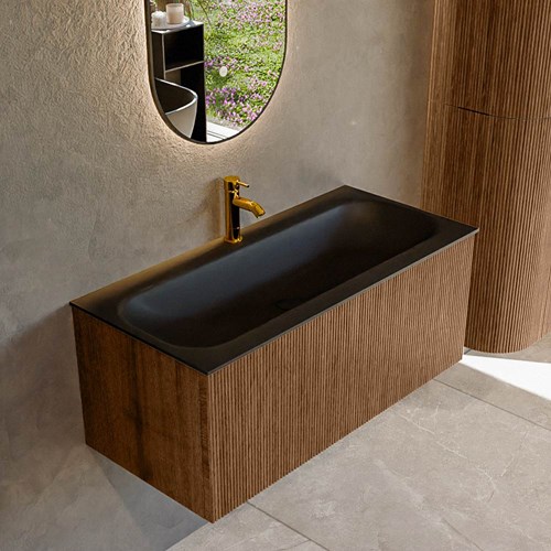 KURVE 100cm badmeubel kleur Walnut met 1 lade en 0 deuren. Wastafel BIG MEDIUM Midden 1 kraangat Urban.