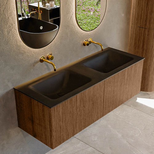 KURVE 130cm badmeubel kleur Walnut met 2 lades en 0 deuren. Wastafel CLOUD Dubbel zonder kraangat Urban.