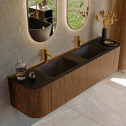 KURVE 180cm badmeubel ronding Links + Rechts kleur Walnut met 2 lades en 2 deuren. Wastafel CLOUD Dubbel 2 kraangaten Urban.