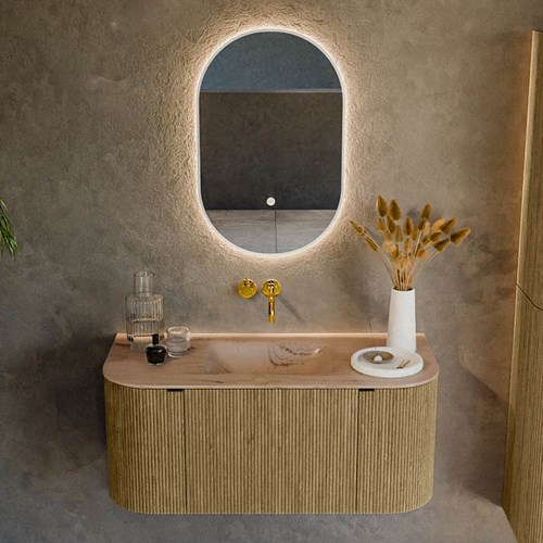 KURVE-DLUX 100cm bathroom vanity set curve Left + Right color Dusk with 1 drawer and 2 doors. Vanity top GRUNNE Center without tab hole, color Arena.-2