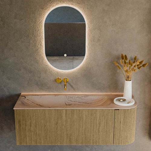 KURVE-DLUX 125cm bathroom vanity set curve Right color Dusk with 1 drawer and 1 door. Vanity top BIG MEDIUM Left without tab hole, color Arena.-2