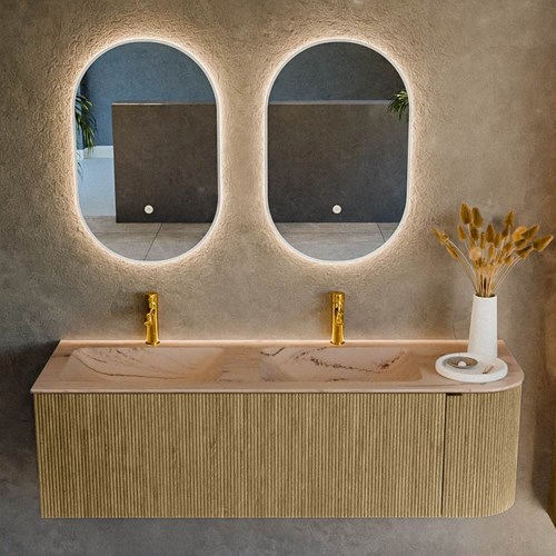 KURVE-DLUX 145cm mueble de baño curva Derecha color Dusk con 1 cajón y 1 puerta. Lavabo LEAF Doble / Izquierda 2 orificios Arena.-2
