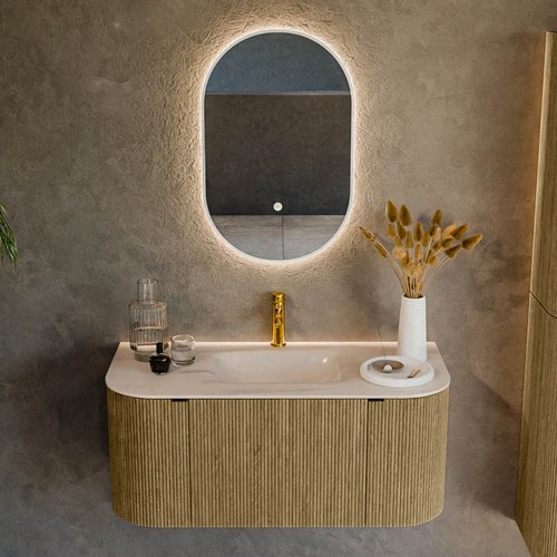 KURVE-DLUX 100cm mueble de baño curva Izquierda + Derecha color Dusk con 1 cajón y 2 puertas. Lavabo GRUNNE Centro 1 orificio Meli.-2