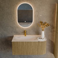 KURVE-DLUX 95cm bathroom vanity set curve Right color Dusk with 1 drawer and 1 door. Vanity top BIG SMALL Left 1 tab hole, color Meli.-2