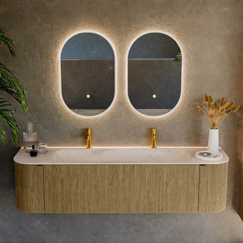 KURVE-DLUX 170cm badmöbel kurve Links + Rechts farbe Dusk mit 1 schublade und 2 türen. Einbauwaschbecken BIG LARGE Mittig 2 hahnlöcher Meli.-2