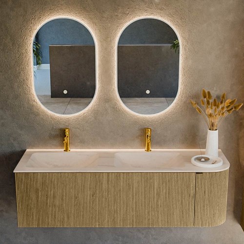 KURVE-DLUX 145cm mueble de baño curva Derecha color Dusk con 1 cajón y 1 puerta. Lavabo LEAF Doble / Izquierda 2 orificios Meli.-2