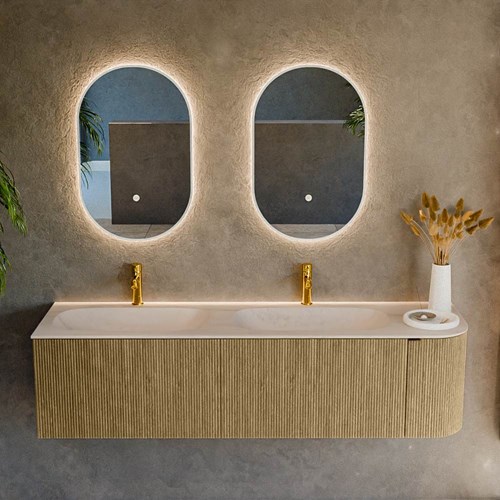 KURVE-DLUX 165cm badmöbel kurve Rechts farbe Dusk mit 2 schubladen und 1 tür. Einbauwaschbecken STOR SMALL Doppelt / Links 2 hahnlöcher Meli.-2