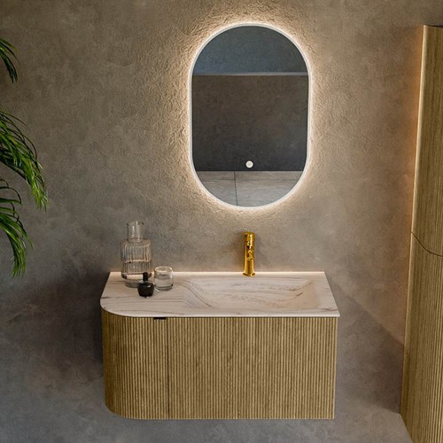 KURVE-DLUX 85cm mueble de baño curva Izquierda color Dusk con 1 cajón y 1 puerta. Lavabo CLOUD Derecho 1 orificio Nata.-2