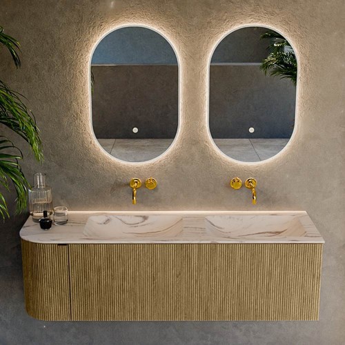 KURVE-DLUX 145cm mobili da bagno curva Sinistra colore Dusk con 1 cassetto e 1 porta. Lavabo LEAF Doppio / Destra senza foro per il rubinetto, colore Nata.-2
