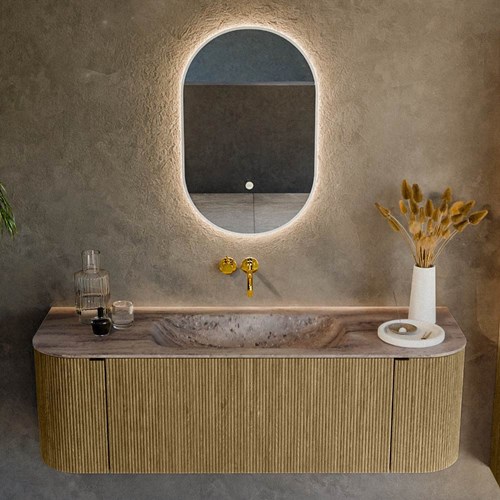 KURVE-DLUX 140cm meubles de salle de bains courbe Gauche + Droite couleur Dusk avec 1 tiroir et 2 portes. Lavabo BIG SMALL Centrée sans trou pour robinet, couleur Oza.-2