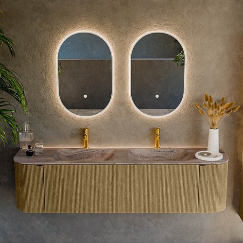 KURVE-DLUX 170cm bathroom vanity set curve Left + Right color Dusk with 1 drawer and 2 doors. Vanity top LEAF Double 2 tab holes, color Oza.-2