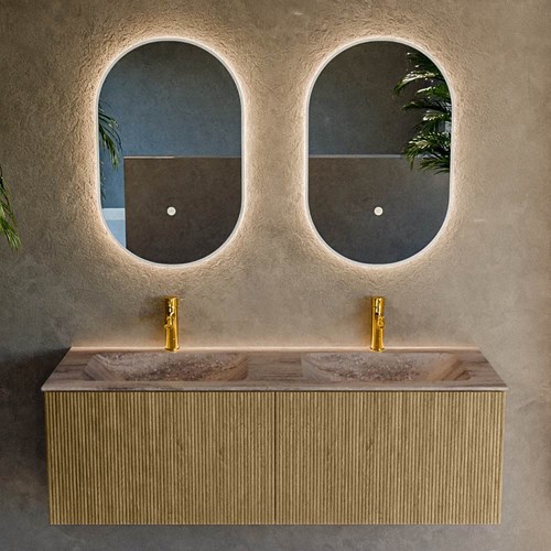KURVE-DLUX 130cm meubles de salle de bains couleur Dusk avec 2 tiroirs et 0 portes. Lavabo LEAF Double 2 trous robinetterie, couleur Oza.-2