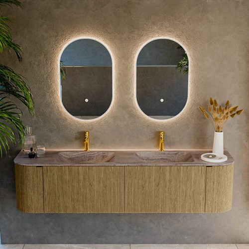 KURVE-DLUX 180cm meubles de salle de bains courbe Gauche + Droite couleur Dusk avec 2 tiroirs et 2 portes. Lavabo LEAF Double 2 trous robinetterie, couleur Oza.-2