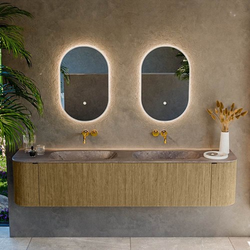 KURVE-DLUX 200cm meubles de salle de bains courbe Gauche + Droite couleur Dusk avec 2 tiroirs et 2 portes. Lavabo STOR SMALL Double sans trou pour robinet, couleur Oza.-2