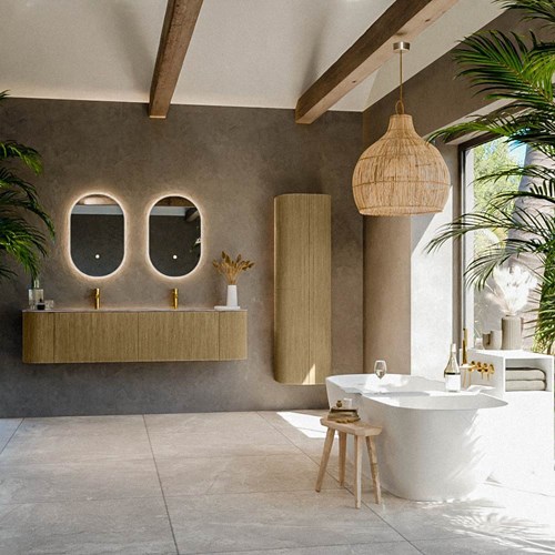 KURVE-DLUX 180cm meubles de salle de bains courbe Gauche + Droite couleur Dusk avec 2 tiroirs et 2 portes. Lavabo LEAF Double 2 trous robinetterie, couleur Oza.-3