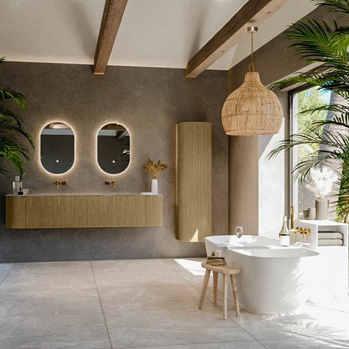 KURVE-DLUX 200cm meubles de salle de bains courbe Gauche + Droite couleur Dusk avec 2 tiroirs et 2 portes. Lavabo STOR SMALL Double sans trou pour robinet, couleur Oza.-3