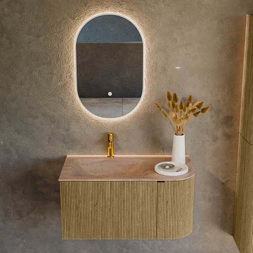 KURVE-DLUX 85cm mobili da bagno curva Destra colore Dusk con 1 cassetto e 1 porta. Lavabo CLOUD Sinistra 1 foro per rubinetto, colore Saba.-2